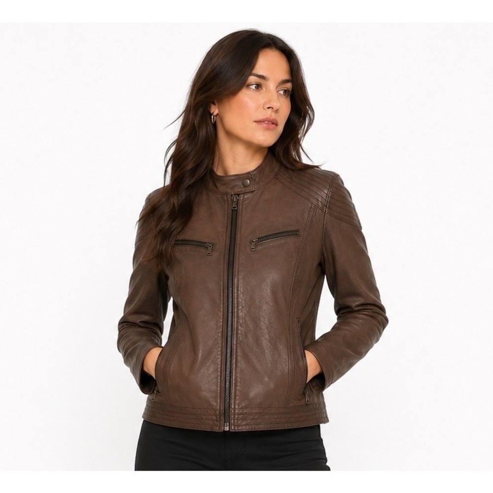 Vera Pelle Italian Brown Leather Moto Jacket 42 Florence Biker EUC Quiet Luxury